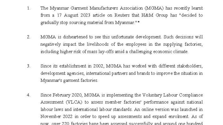 MGMA Statement on its Commitment to keep improving the Myanmar Garment Sector after recent announcements made by some International Brands