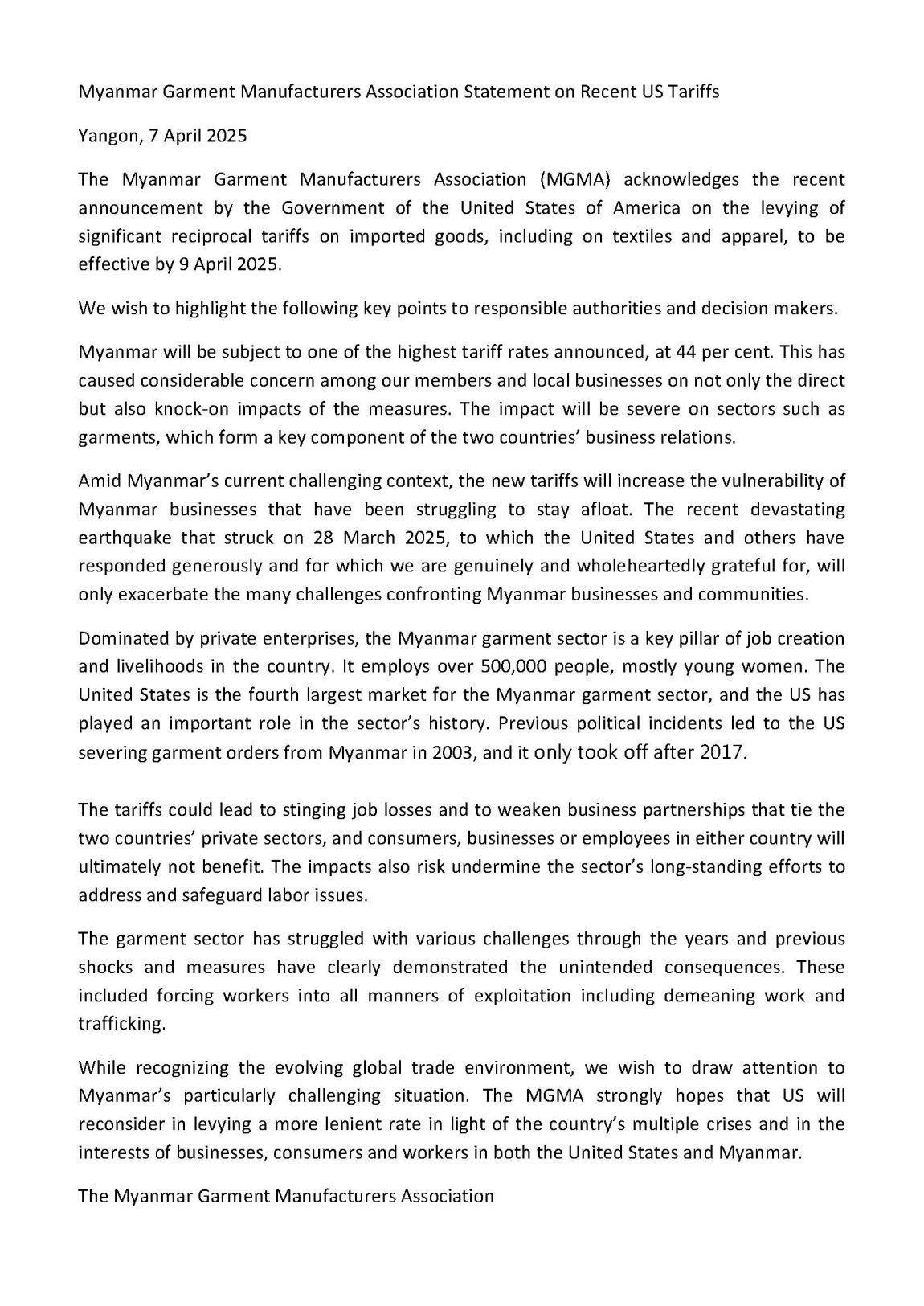Myanmar Garment Manufacturers Association’s Statement on Recent US Tariffs