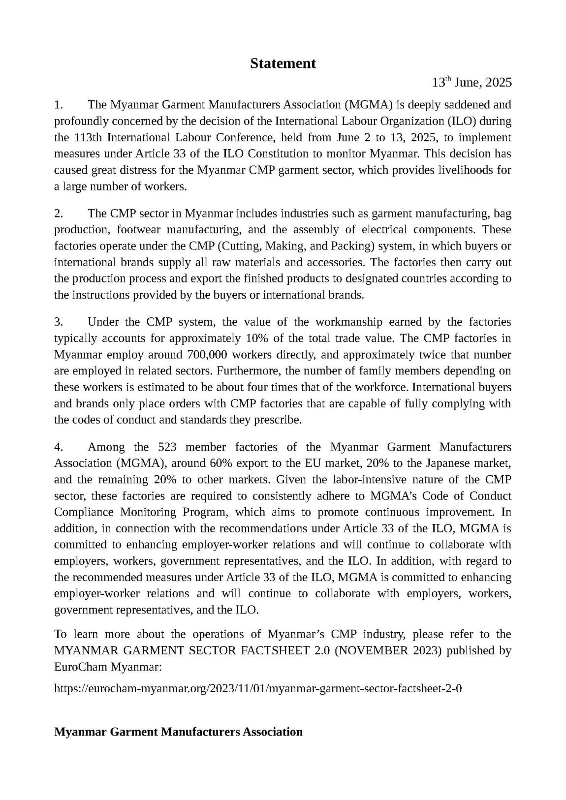 Statement of implement measures under Article 33 of the ILO Constitution to monitor Myanmar