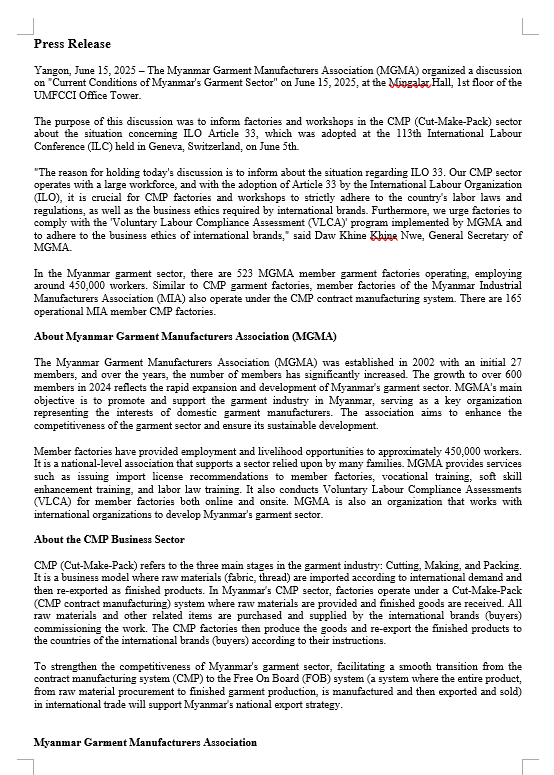 Press Release of Current Situation of Myanmar’s garment Sector regarding ILO Article 33 for CMP Business Yangon, June 15,2025